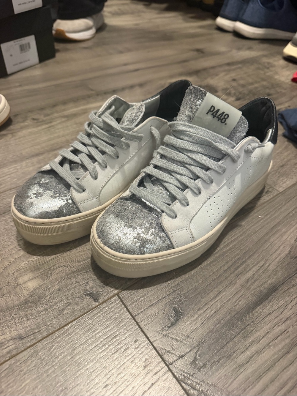 P448 White Leather Sneakers with Silver Distressed Toe Caps